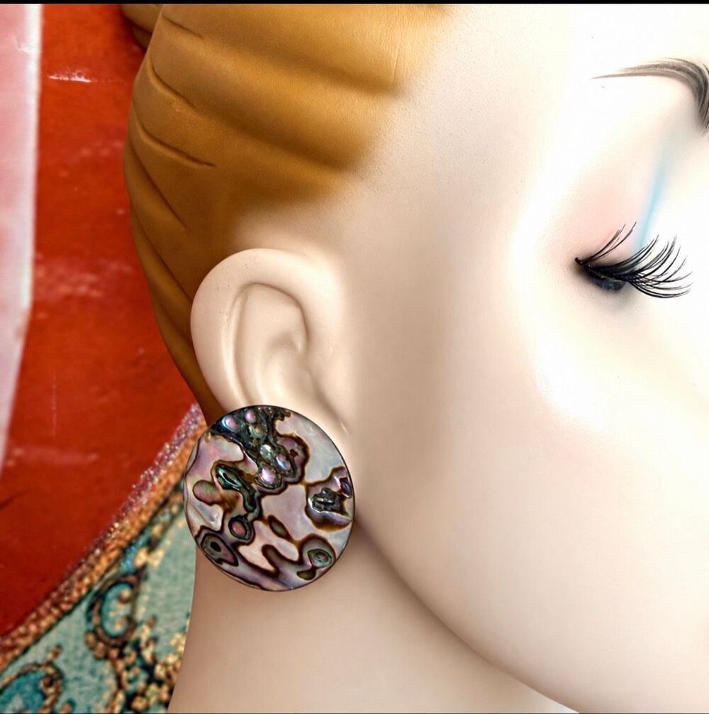 Vintage Large Round Abalone Paua Shell Clip-On Earrings